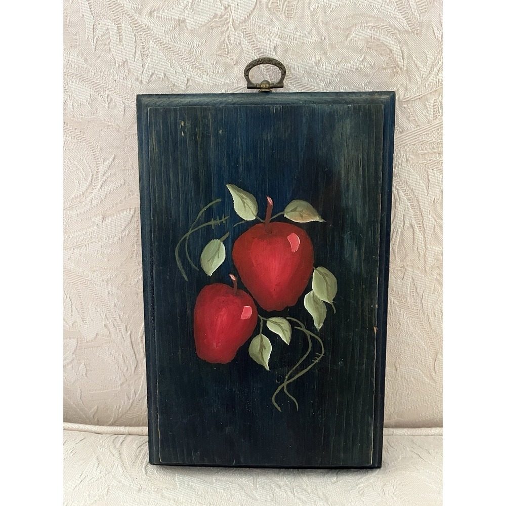 Handpainted Apple Wall Art Plaque Artwork Folk Art Kitchen Country Primitive Vtg